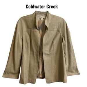 Coldwater Creek Jacket Women’s SZ 12 Tan Demask Abstract Print Open Lined Cotton